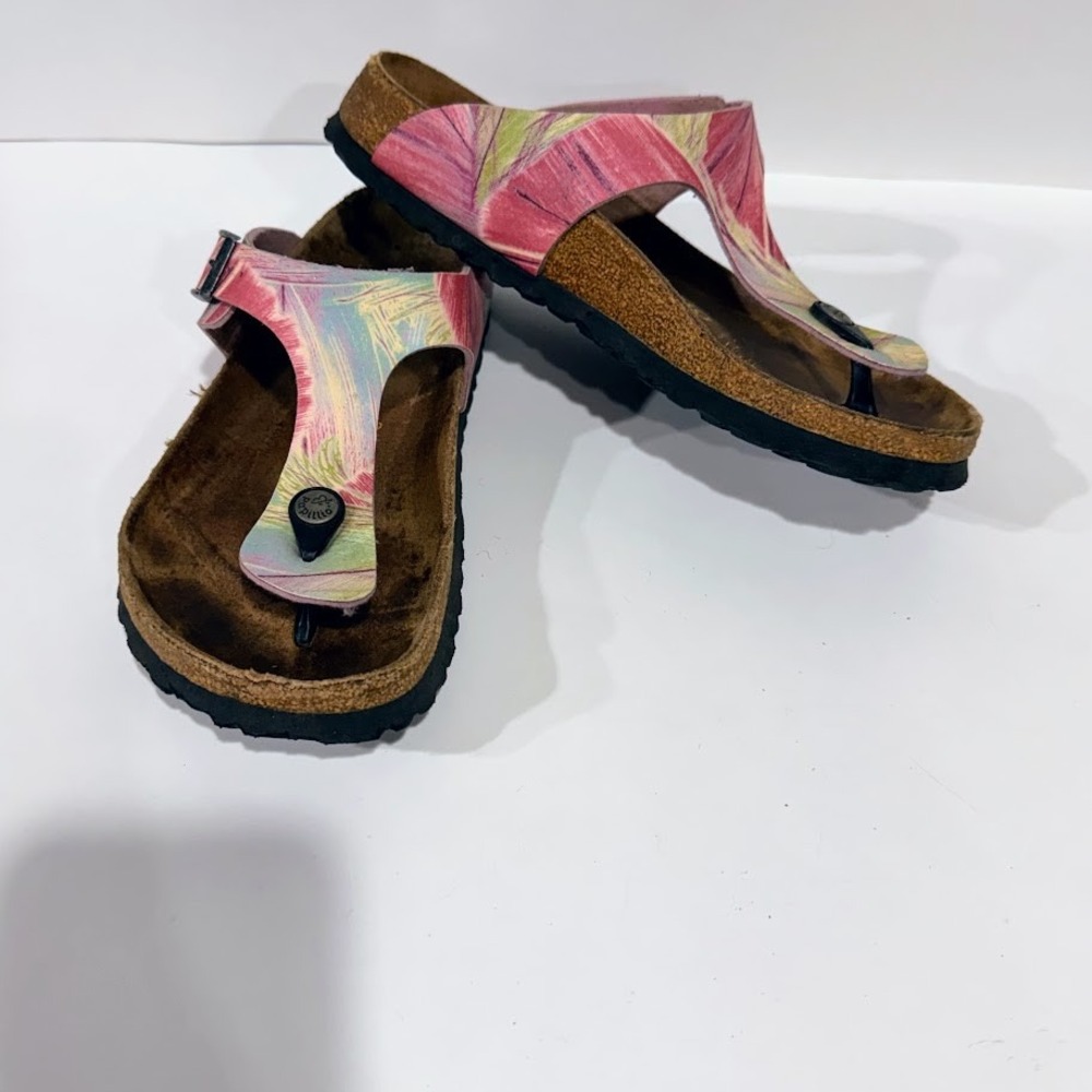 Papillio by Birkenstock Gizeh Sandals Pink Floral Abstract Thong Slides 8 Beach